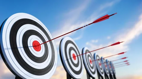 Row of archery targets with red arrows hitting the bullseye Video stock 329461742