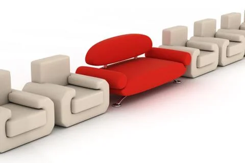 Row armchairs and red sofa on a white background. 3D image. Stock Illustration