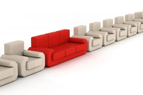 Row armchairs and red sofa on a white background. 3D image. Stock Illustration
