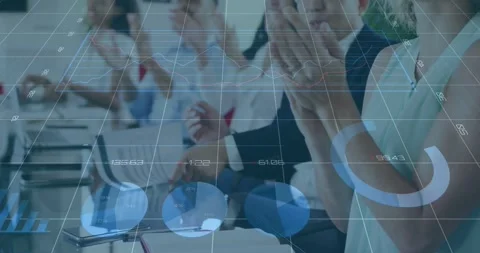 Row of attendees stopping notes and clapping after business talk, data charts Stock Footage 334185417