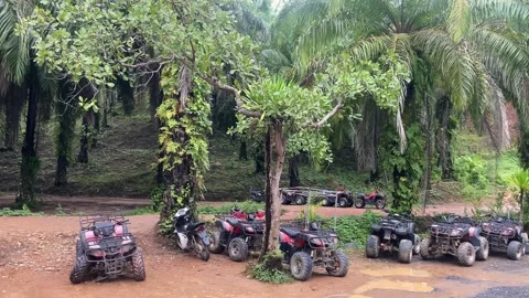 Row of ATV quad bikes parked waiting for tourists Phuket Thailand Stock Footage 331750842