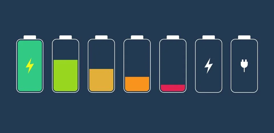 A row of batteries from empty to full. With different color indicators. Stock Illustration