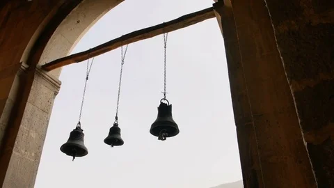 Row of bells in the ancient temple Stock Footage 83763449