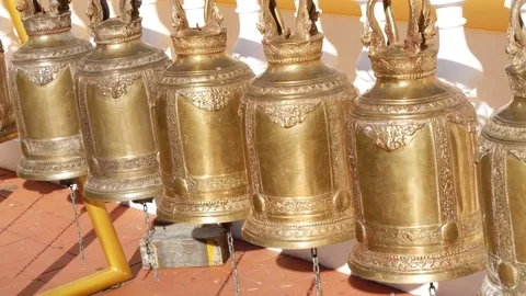 Row of Bells in buddhist temple Stock Footage 74684078