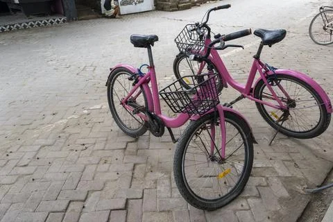 Row of bicycles with baskets on the front Stock Photos