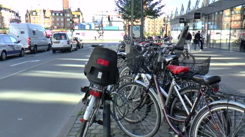 Row of Bicycles on a Pedestrian Precinct in Central Copenhagen Stock Footage 68397072