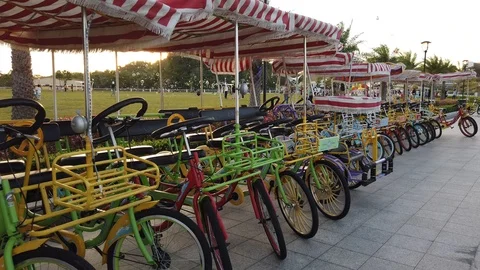 Row of bicycles for rent Stock Footage 100942929