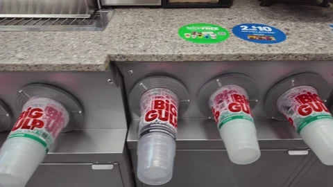 Row of Big Gulp Cups at 7-Eleven Stock Footage 296009094