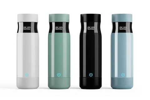 Row of Big Modern Multicolor Smart Thermos Bottles with Timer Indicator and.. Stock-Illustration