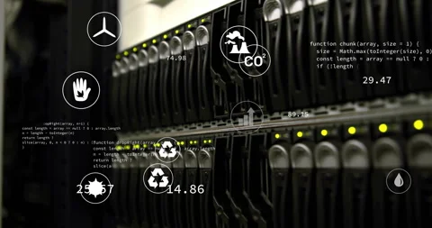 Row of blade servers showing LED lights while displaying code overlays and eco Stock Footage 309145449