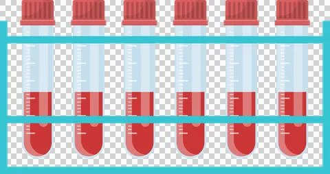 A row of blood samples in test tubes, held in a blue rack, used for lab tes.. Stockillustratie