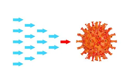 Row of Blue Arrows with One Red as Anti-Virus Vaccine Attack 2019-nCoV Corona Stock-Illustration