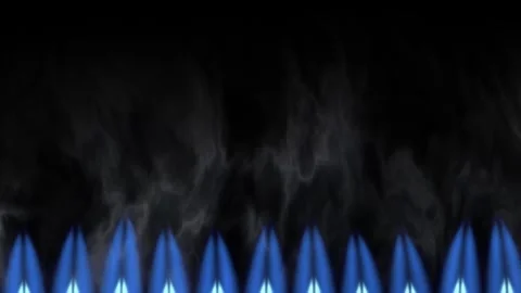 Row of Blue Gas Flames Burning on Black Background Stock Footage 345300990