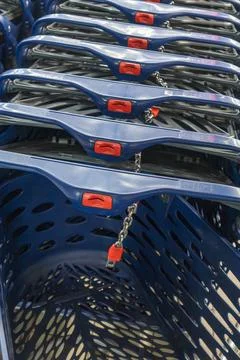 Row of blue plastic shopping carts in a store. Perspective view of empty sh.. Stock Photos