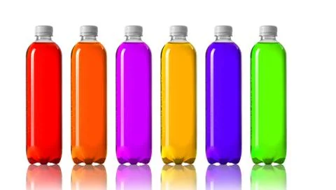 Row of bottles with orange beverage Stock Photos
