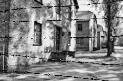 Row of brick barracks behind barbed wire in Auschwitz camp Stock Photos