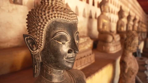 Row of Buddha statues placed along wall with decorations Stock Footage 303684485
