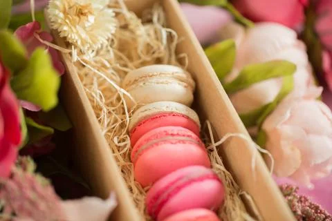 Row of cake macaroons in gift box on bright background. Close up macaron dessert Stock Photos