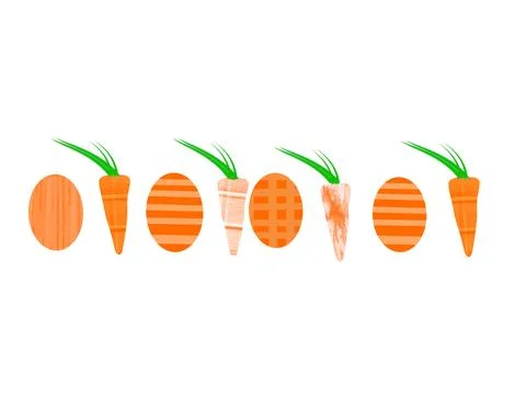 Row of carrots and easter eggs orange with mixed textures on white background Illustrazione stock