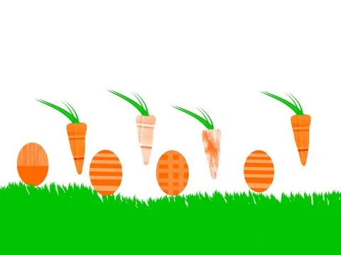 Row of carrots and easter eggs orange with mixed textures on white background 스톡 일러스트