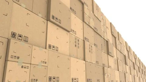 Row of cartons with goods ready for dispatch, 3d rendering Ilustración de archivo
