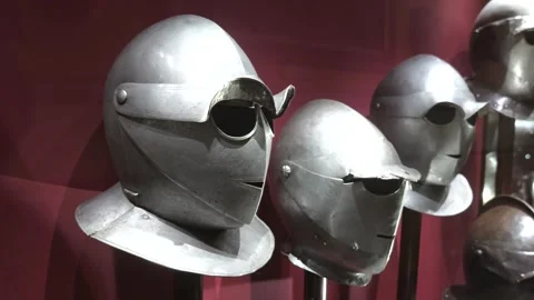Row of close helmets palace armoury grand master's palace valletta mounted on Stock Footage 341772858