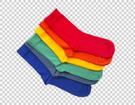 Row of colored socks isolated on white, clipping path, PNG Stockfoto's