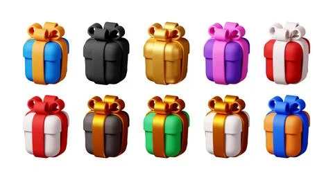 Row of colorful 3d gift boxes with bows Stock Illustration