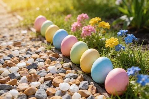 Row of colorful Easter eggs lined up on a garden path with blooming flowers Stock Photos