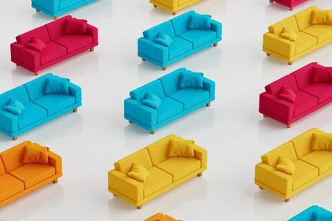 Row of Colorful Sofa Background. 3d Rendering Illustrazione stock