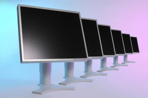 Row of computer LCD monitors with black blank displays on colored pink blue Illustrazione stock
