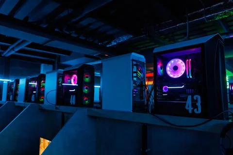 Row of computer's system block. Components of gaming PC with RGB illumination Stock Photos