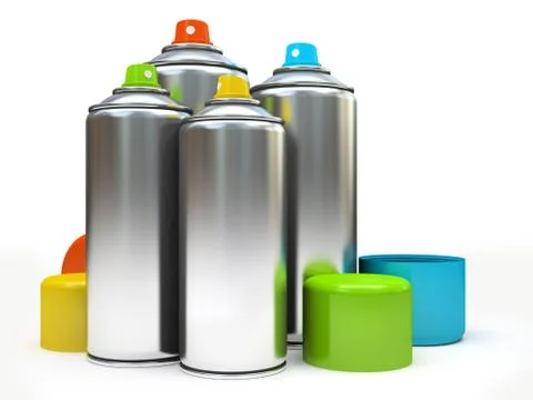 Row of containers with multicolored paint on white background Stock Illustration