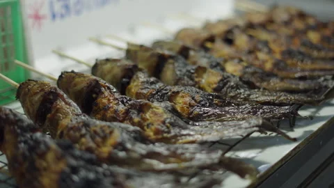 Row of cooked fish in a row with a long wooden stick through its body ready to Stock Footage 276837770