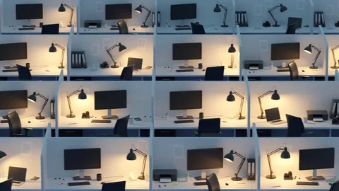 Row Of Cubicles In Office At Night Stock-Footage 73712619