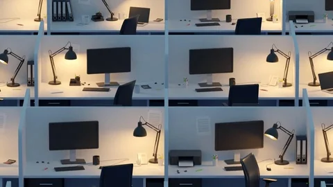 Row Of Cubicles In Office At Night Video stock 73712824