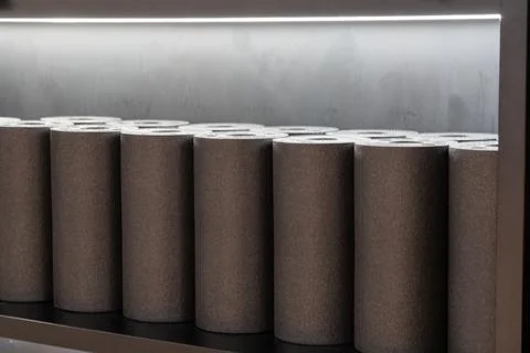 Row of cylindrical foam rollers arranged on rack in contemporary gym Stockfoto's