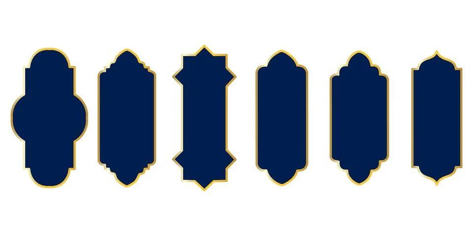 Row of dark blue Islamic window silhouettes with different scalloped arched.. イラスト素材
