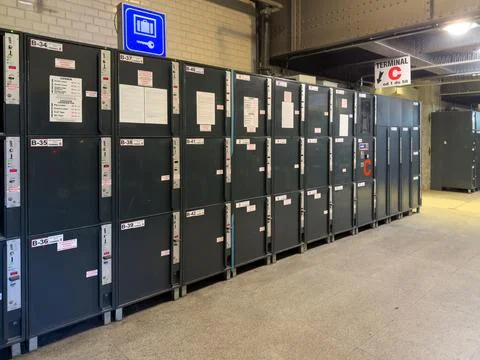 A row of dark grey self service luggage lockers at a transit station terminal Stock Photos