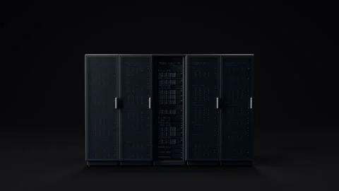 Row of dark server racks in a data center, conveying technology and digital Stock Footage 347761229