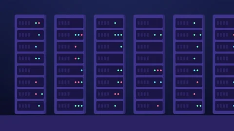 Row of data center racks with blinking status LEDs and a sweeping glow seamless Stock Footage 348702582