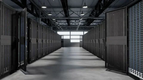 Row of data servers in neat warehouse - 3D render of server farm Video stock 232754301