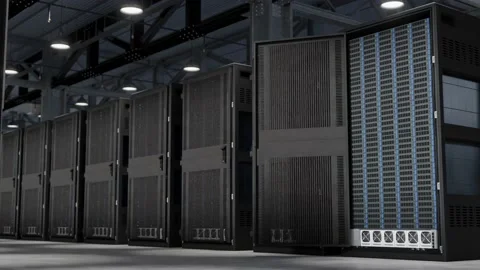 Row of data servers in warehouse (server farm), cloud computing - 3D render 動画素材 232486023