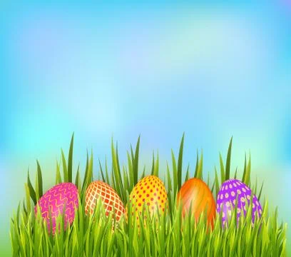 Row of decorated Easter eggs hiding in grass on sky background. Stock Illustration