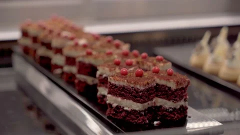 Row delicious Chocolate Cake on buffet line Stock Footage 199621460
