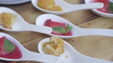 Row of different buffet snacks Video stock 252503610