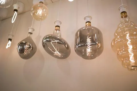 Row of different types of light bulbs . Stock Photos
