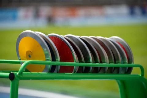 Row of discus throws Stock Photos