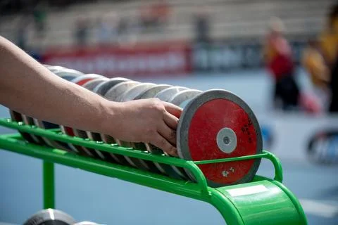 Row of discus throws Stock Photos