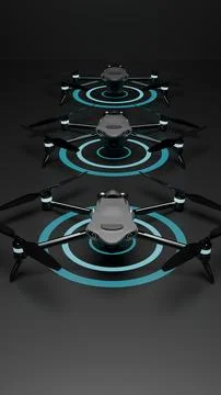 Row of drones rendered with glowing radar rings on dark background Stock Illustration